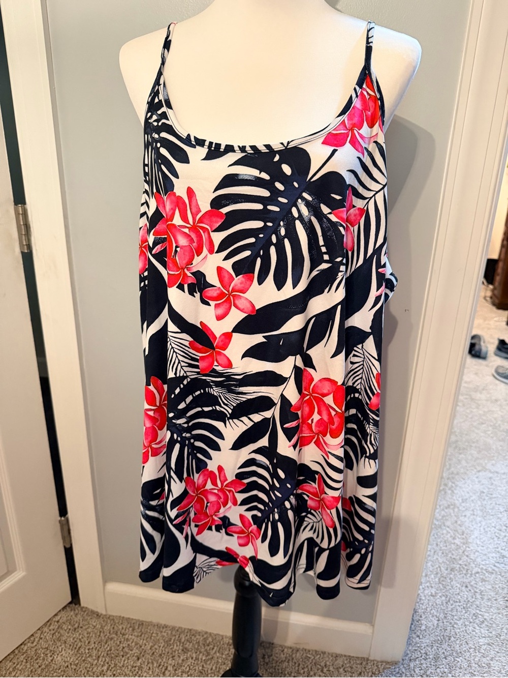Women’s Navy & White Tropical Floral Swim Cover-Up Dress with Pink Flowers